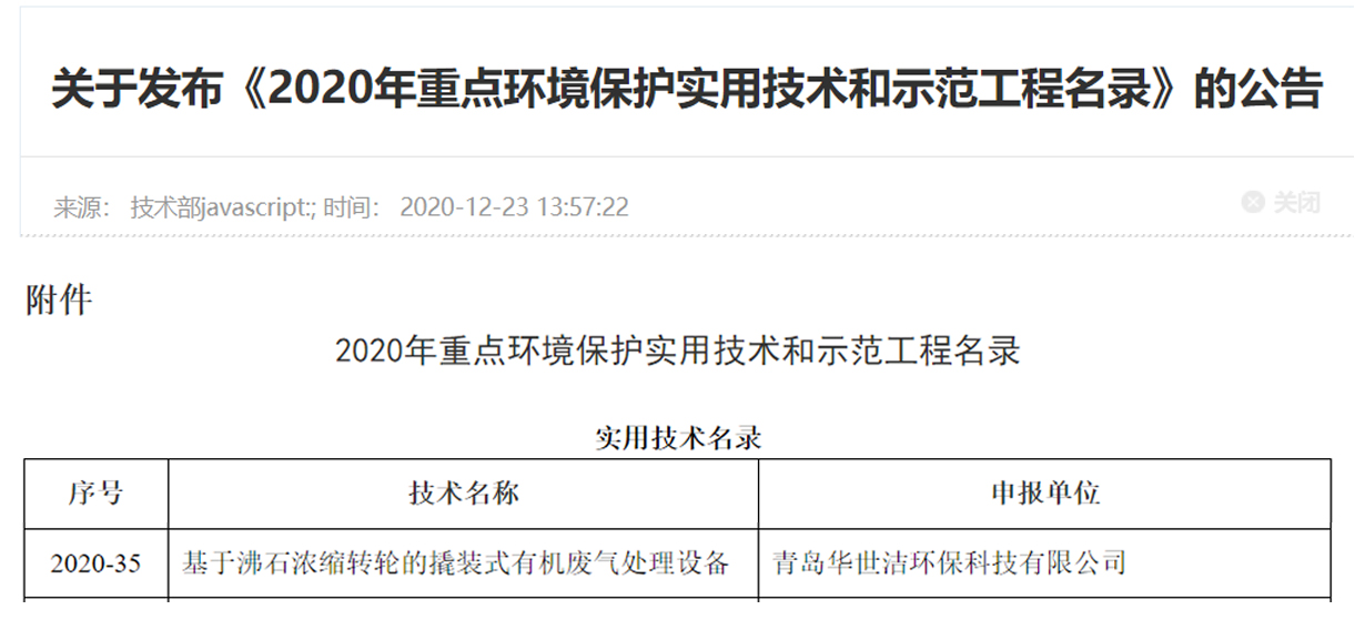 喜訊！華世潔環(huán)保撬裝式一體機(jī)設(shè)備列入《2020年重點環(huán)境保護(hù)實用技術(shù)和示范工程名錄》(圖1)